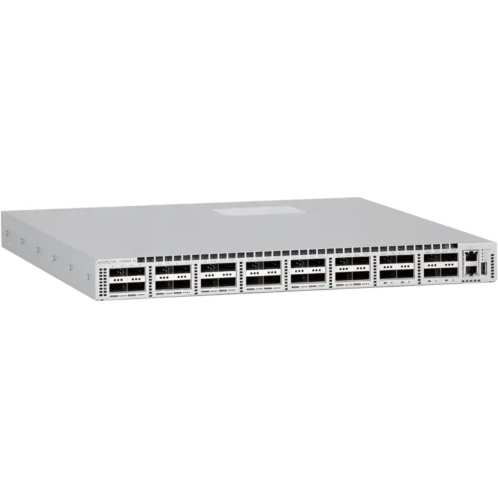 Arista 7050QX-32S network switch with 32 QSFP ports, front view, silver chassis