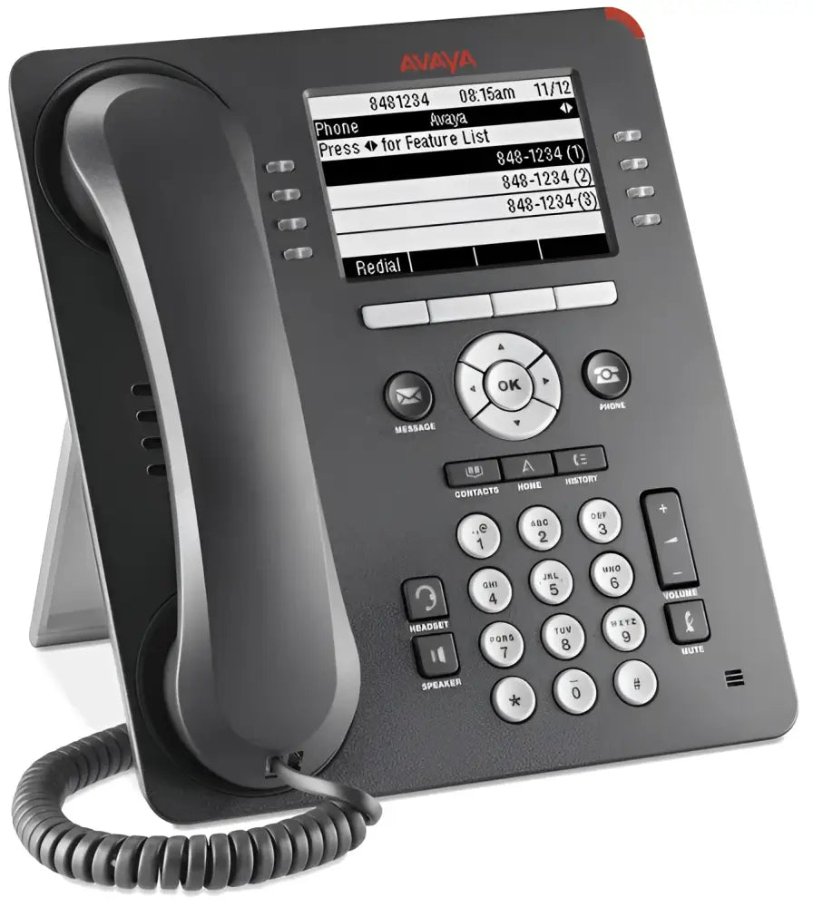 Avaya 9508 digital deskphone with LCD display and corded handset on white background