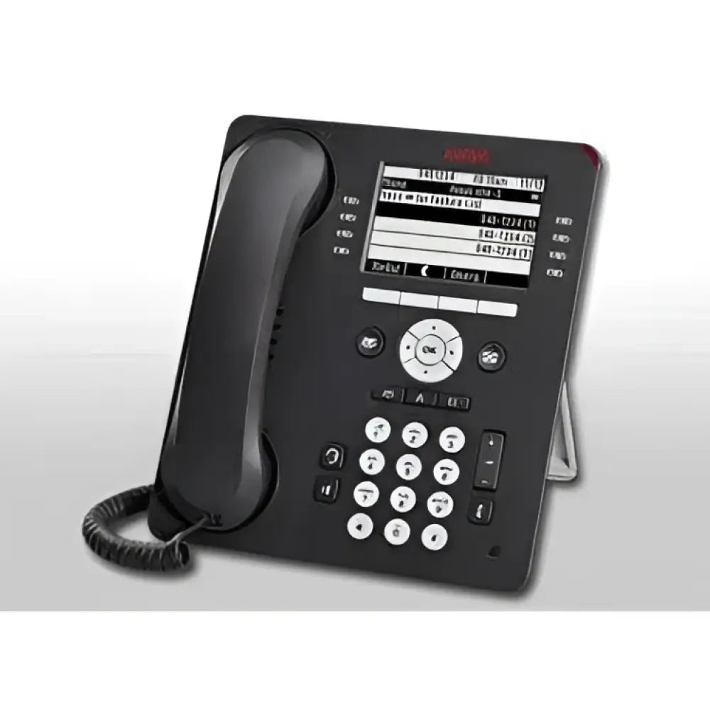 Avaya 9608G IP phone with display screen, numeric keypad, and handset on stand