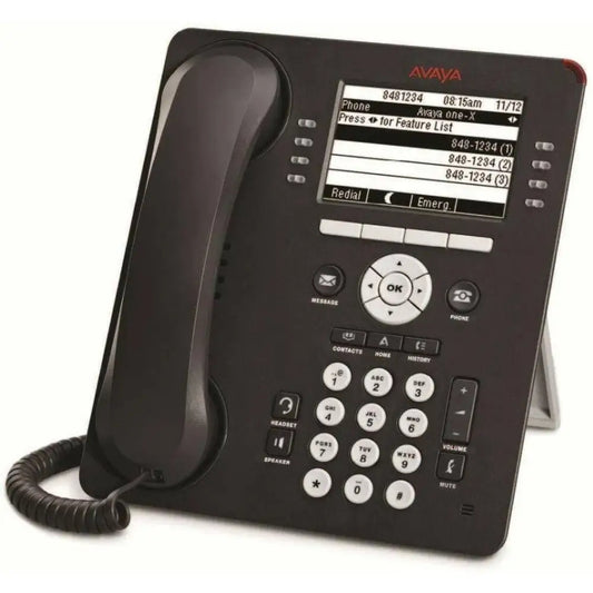 Refurbished Avaya 9611G IP phone with display screen and corded handset on a white background