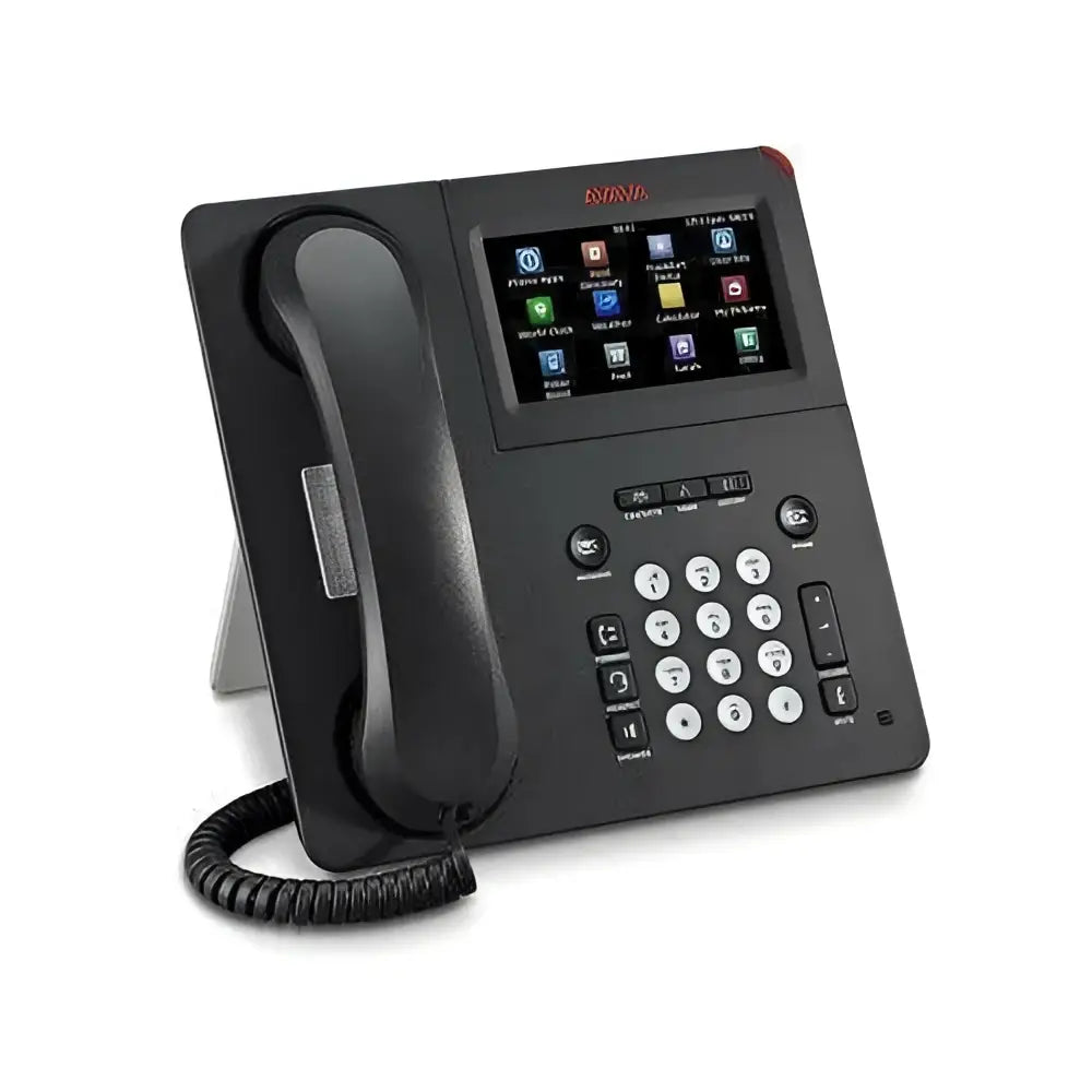 Avaya IP Phone 9641G black desk phone with color touchscreen and keypad on white background