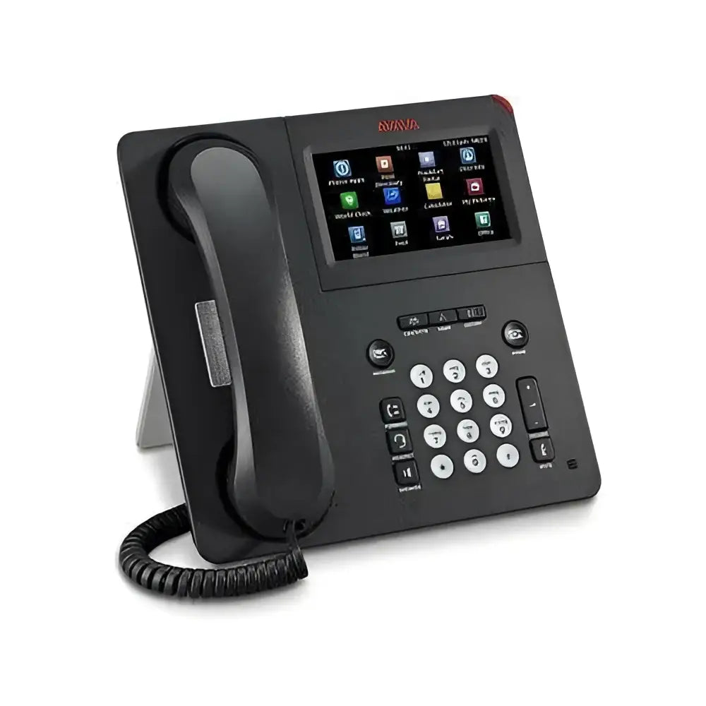 Refurbished Avaya 9641G IP phone with color display and keypad on stand