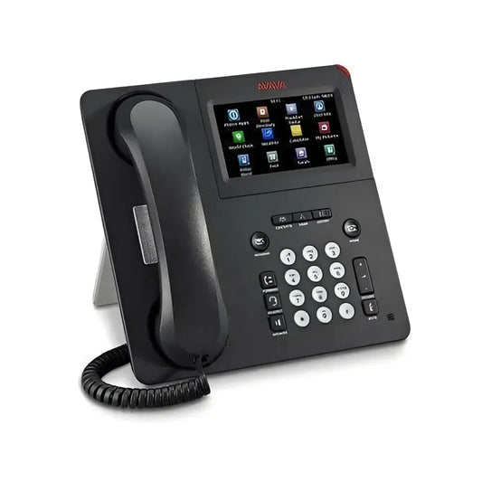 Refurbished Avaya 9641G IP phone with color display and keypad on stand