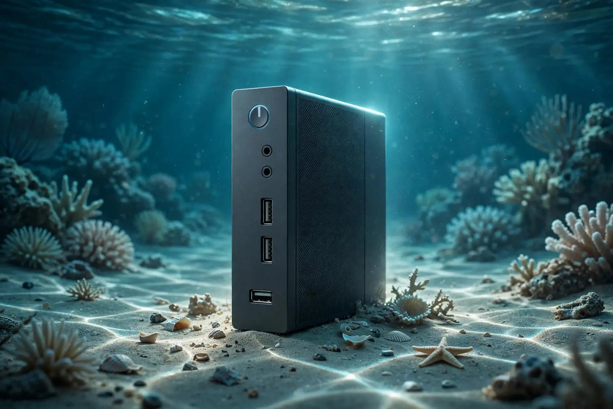 Thin client mini PC, clean, on a coral reef seabed