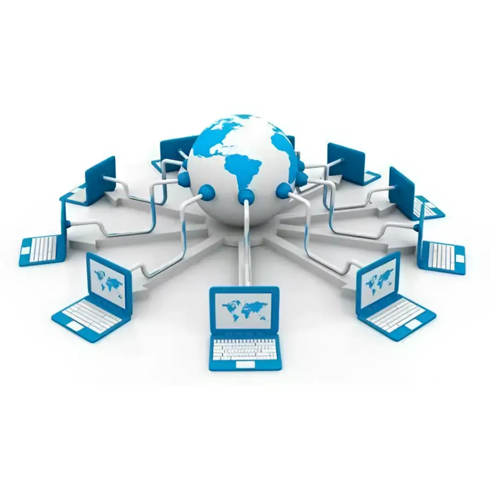 Blue and white globe connected to laptops network concept illustration, internet connectivity