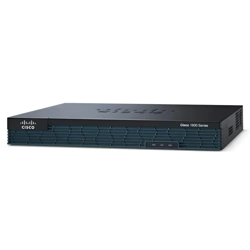 Cisco 1921 security router front view, black and blue Cisco 1900 Series network device