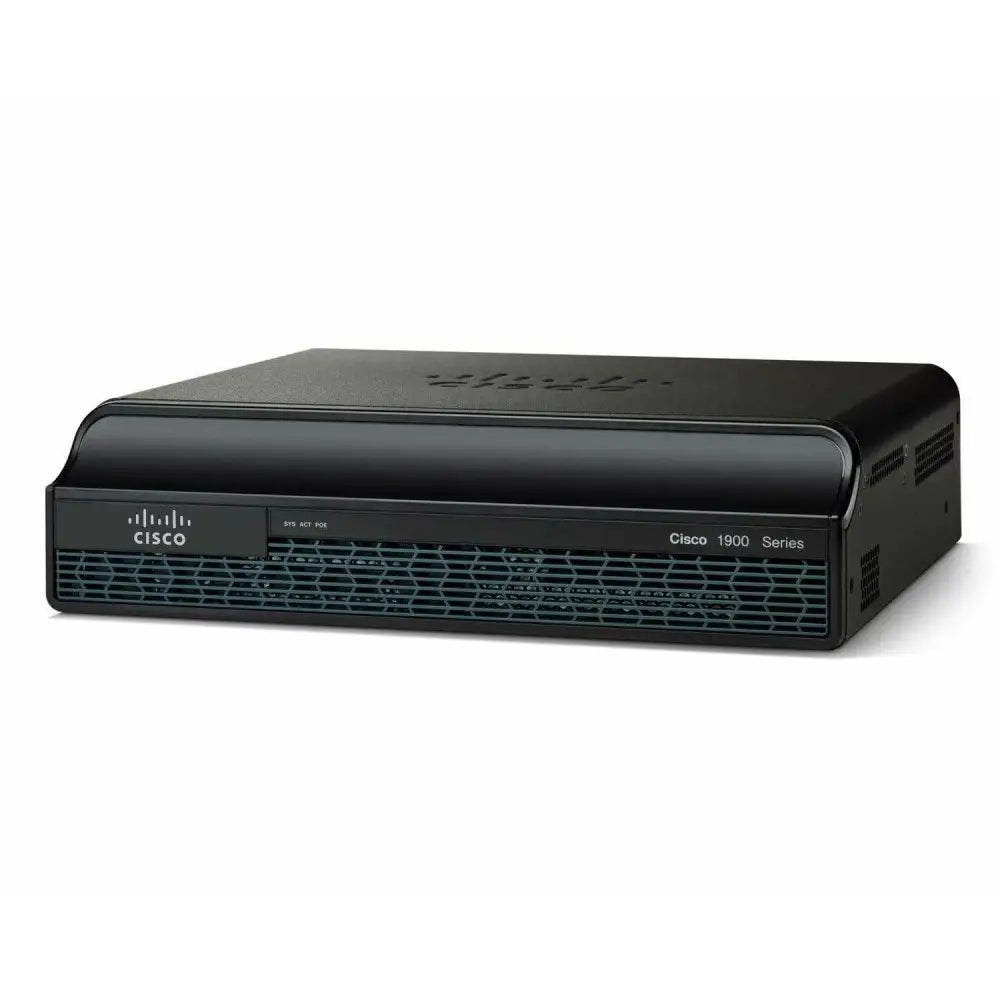 Cisco 1941 router front view, black network device for enterprise connectivity