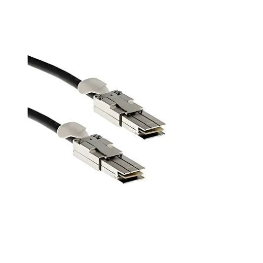 Cisco 1m stacking cable with two silver connectors on black cable against white background