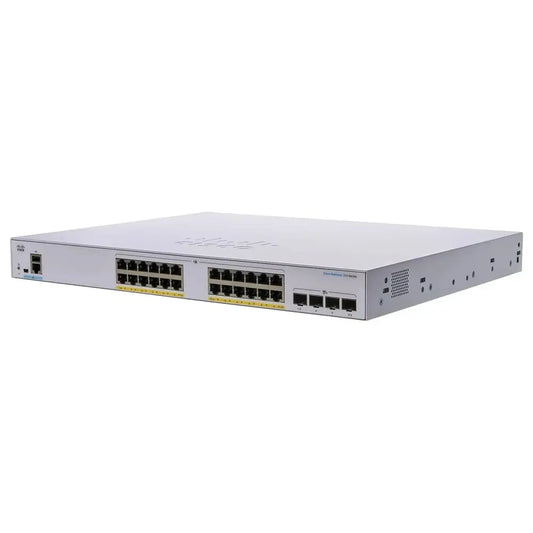 Cisco network switch with 24 Ethernet PoE ports and 4 SFP uplinks, silver chassis