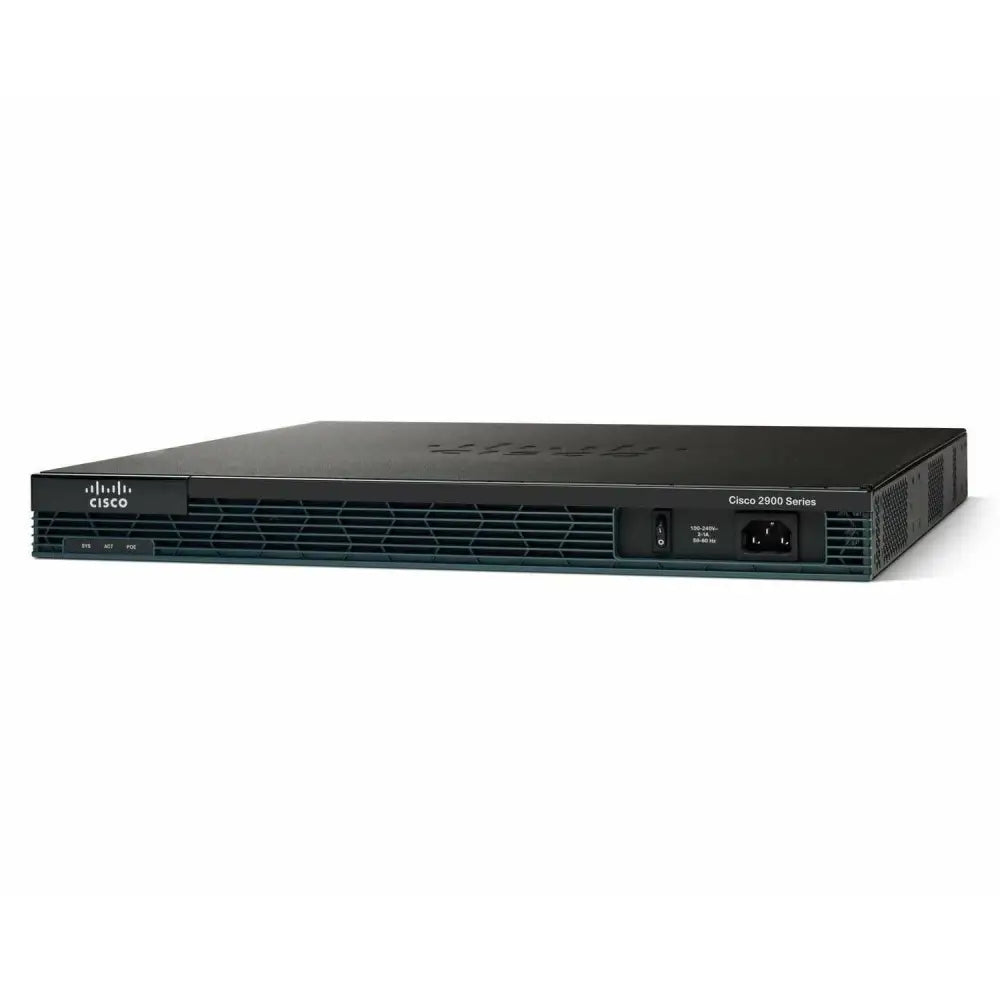 Refurbished Cisco 2901 router front view, black network device with logo and power panel