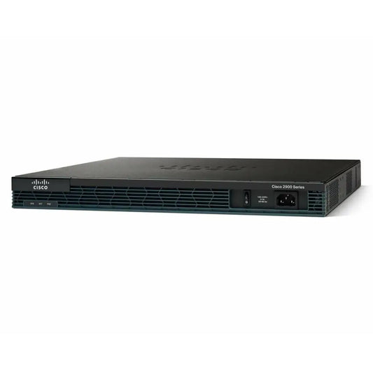 Refurbished Cisco 2901 router front view, black network device with logo and power panel