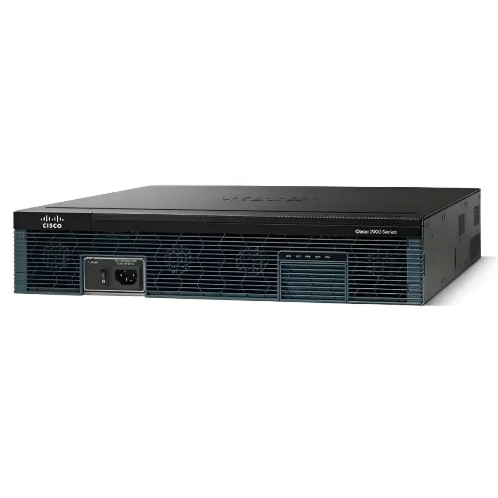 Cisco 2921 router front view, black network hardware with ports and Cisco logo