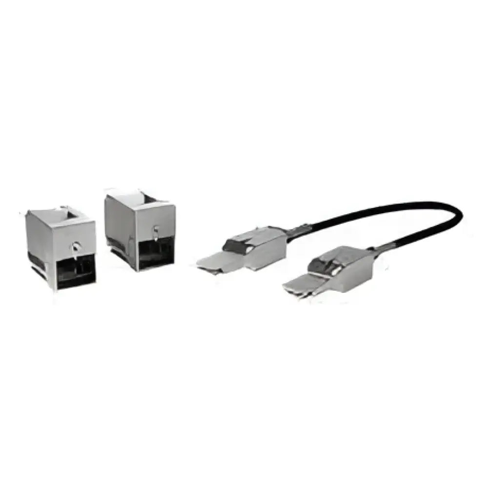 Cisco 3650 stacking module kit with two metal adapters and connecting cable on white background