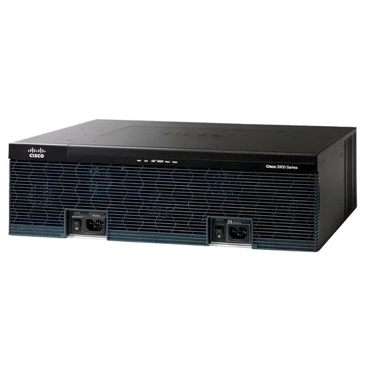 Cisco 3925 security router black front view with dual power ports and mesh grill