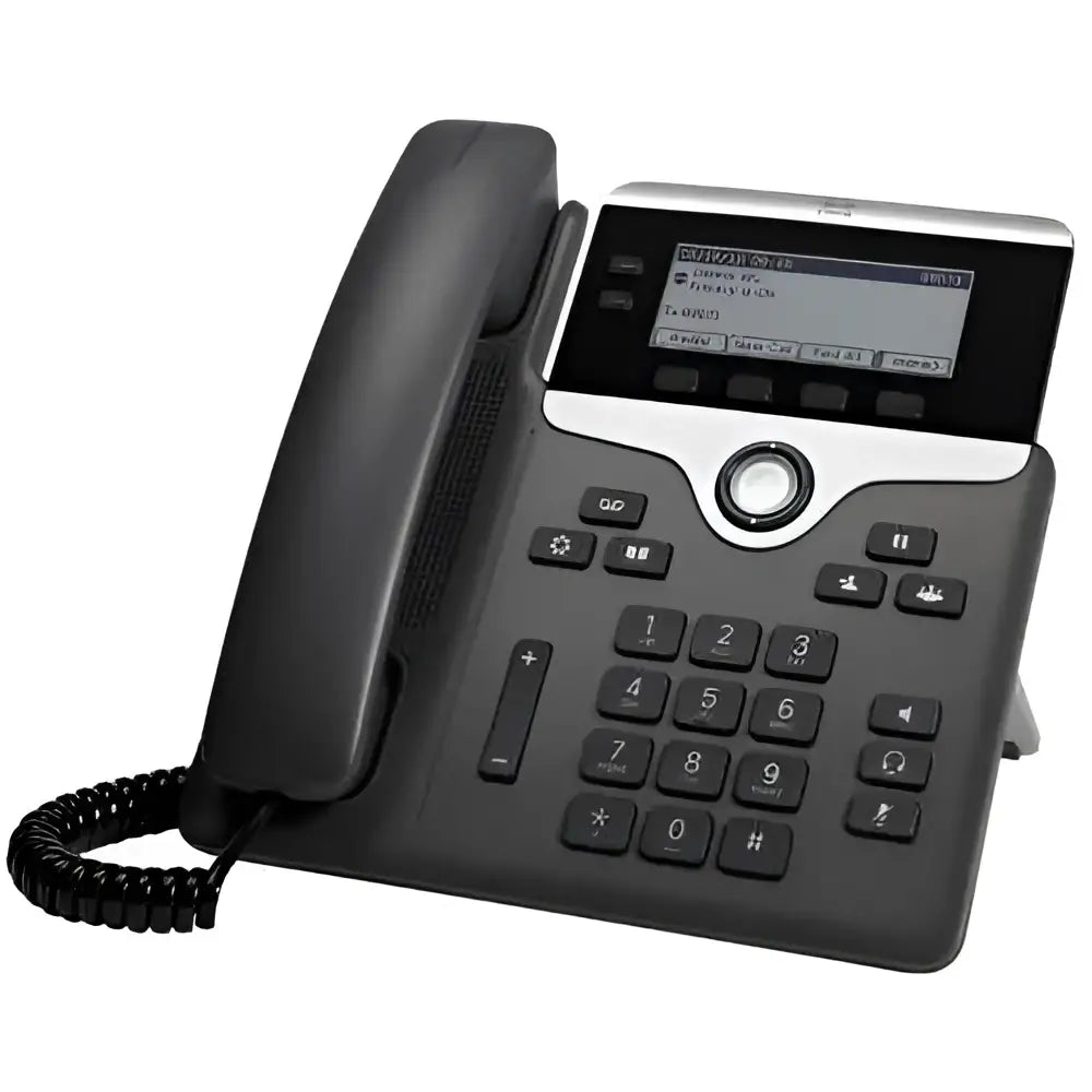 Cisco 7821 IP phone with display screen and keypad on desktop, business telecom device
