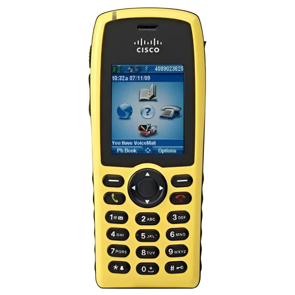 Cisco 7925G-EX yellow wireless IP phone with screen and keypad, refurbished model