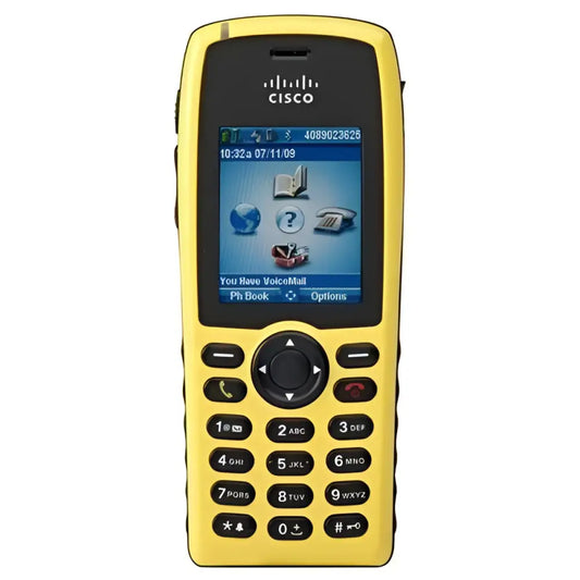 Cisco 7925G-EX yellow wireless IP phone with screen and keypad, refurbished model