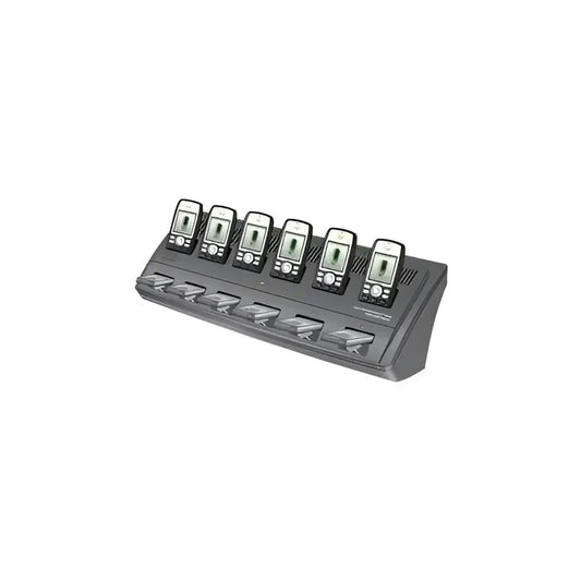 Cisco 7925G multi-charger charging six wireless desk phones on a white background