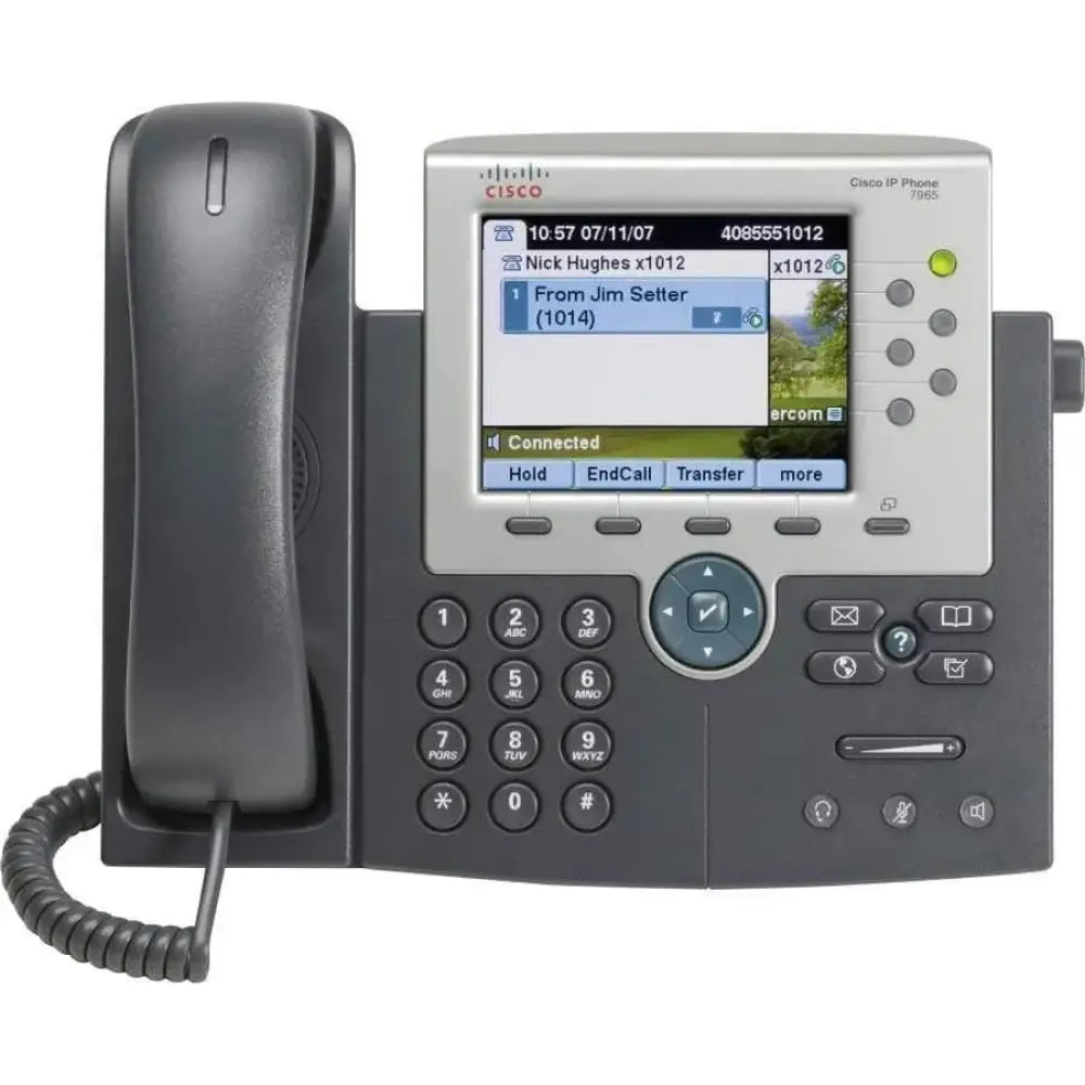 Cisco 7965G Gigabit IP phone with color display, keypad, and handset, front view