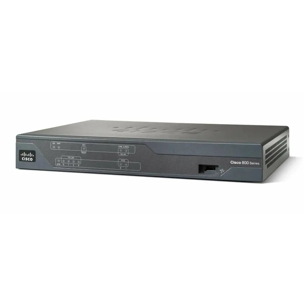 Cisco 800 series router black front view with indicator lights and Ethernet port