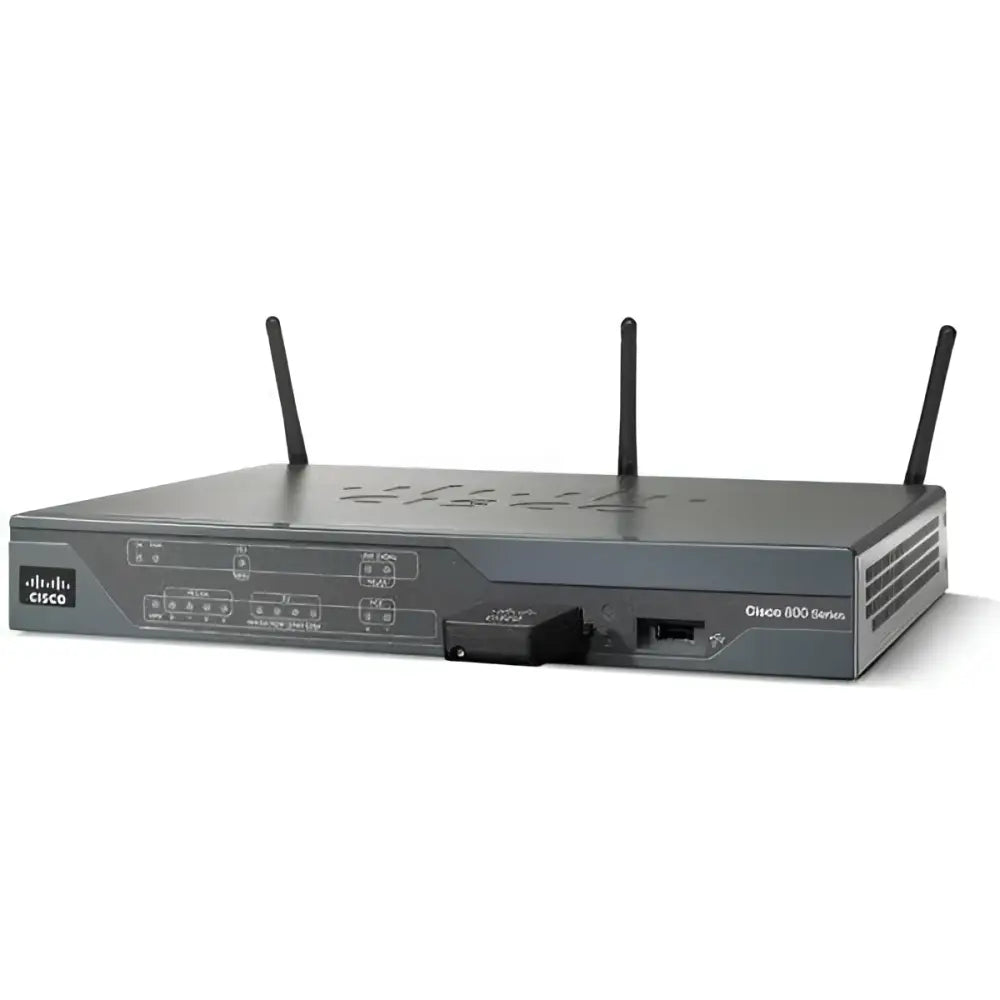 Cisco 881 wireless security router with two antennas, front ports, and Cisco 800 Series label.