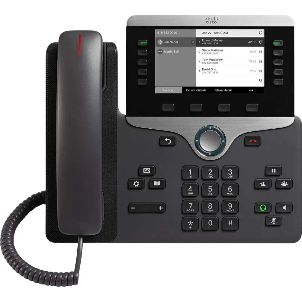 Cisco 8811 Gigabit IP phone with display screen and keypad, black handset, coiled cord