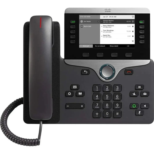 Cisco 8811 Gigabit IP phone with display screen and keypad, black handset, coiled cord
