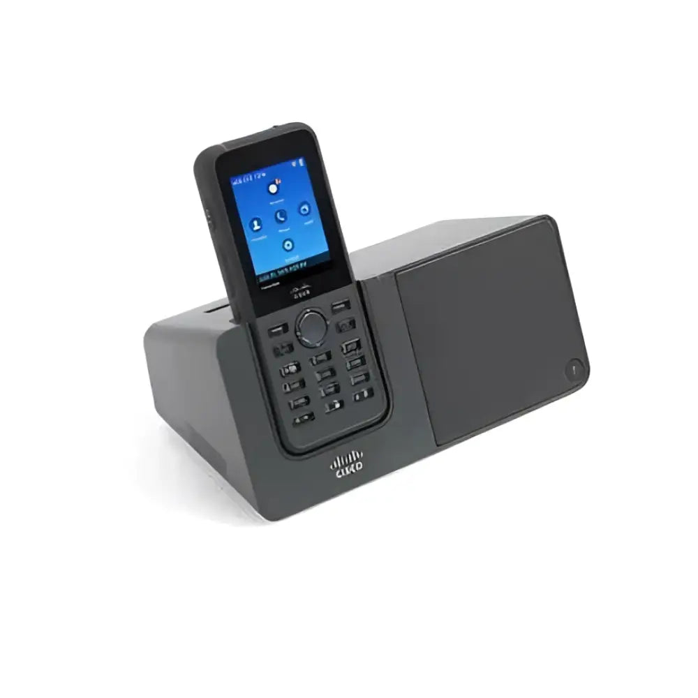 Cisco 8821 wireless phone in desk cradle with speaker, black, on white background