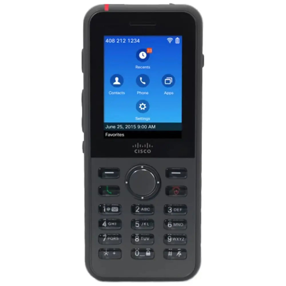 Cisco 8821 wireless IP phone front view showing screen, buttons, and black rugged design