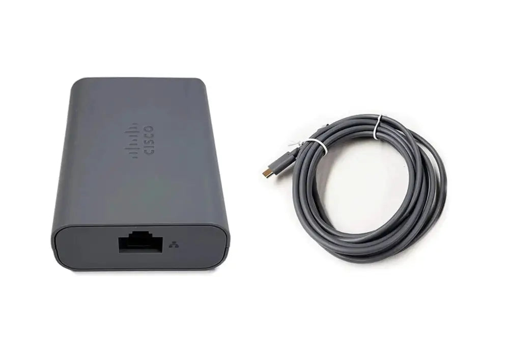 Cisco 8832 PoE injector kit with black adapter and Ethernet cable on white background