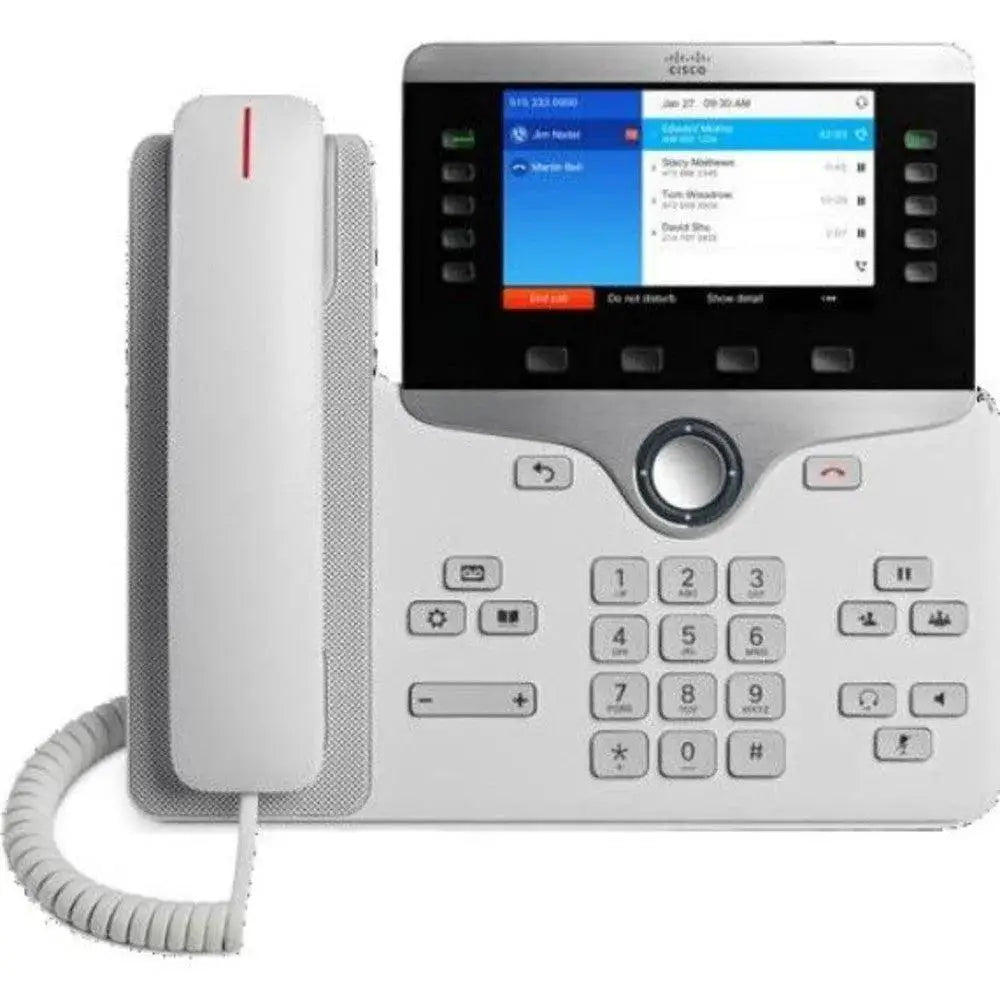 Cisco 8841 white Gigabit IP phone with color display and keypad, coiled cord handset