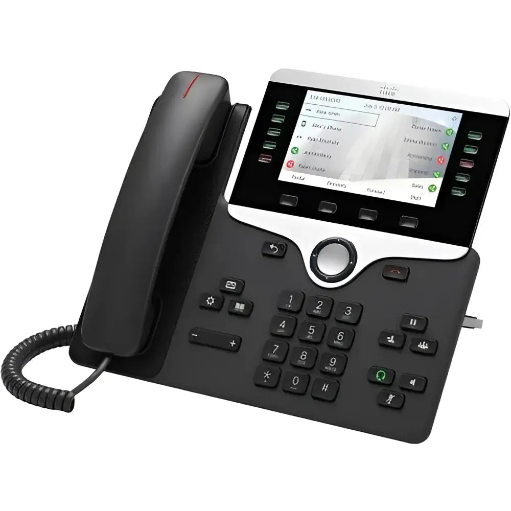 Cisco 8851 IP phone with color display, handset, and keypad on desk