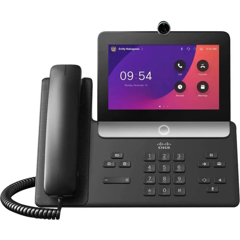Cisco 8875 Gigabit Video IP Phone in carbon black with touchscreen and webcam
