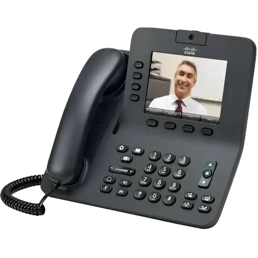 Cisco 8945 Gigabit IP video phone with camera and display screen showing a video call