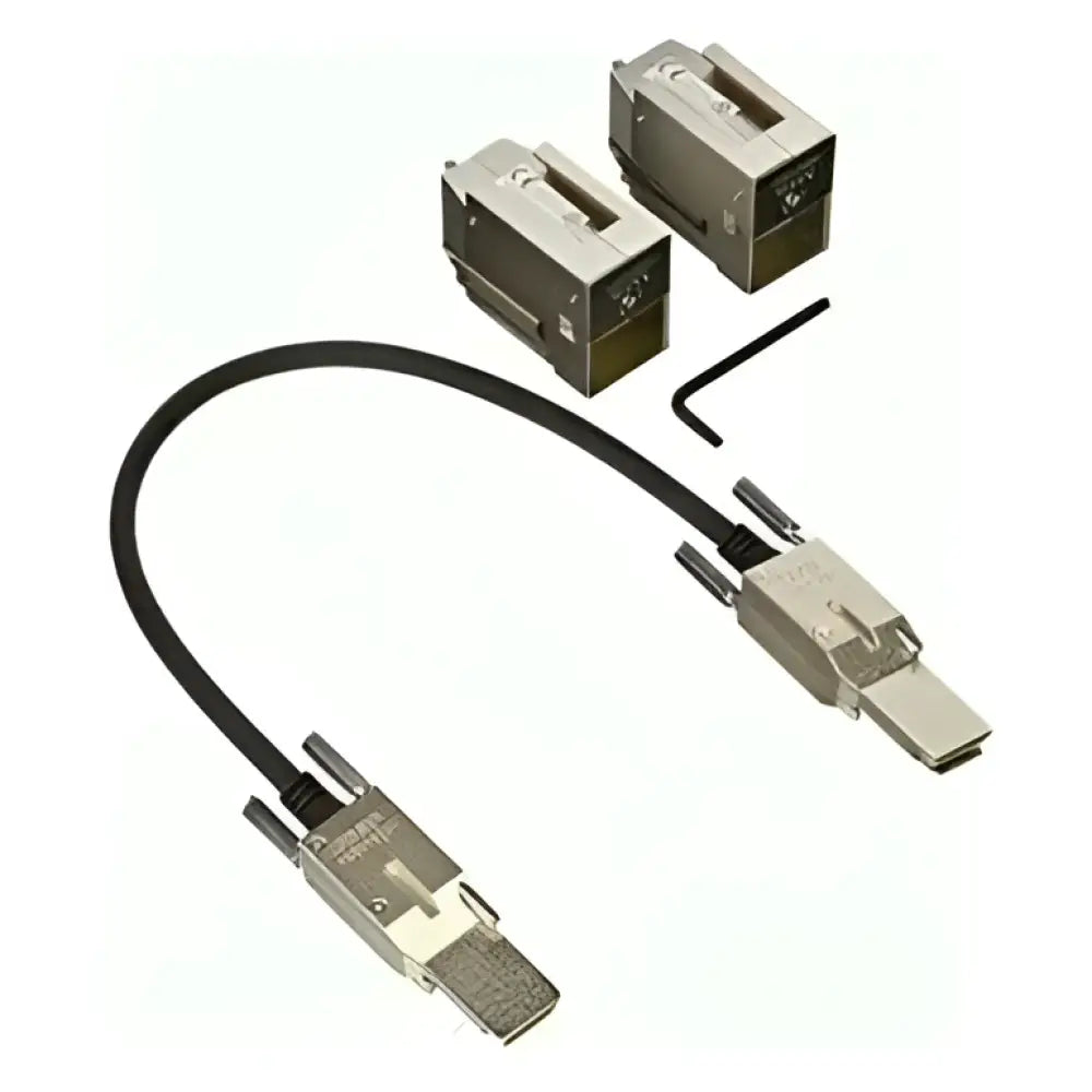 Cisco 9200 Series stacking module kit with two metal adapters, cable, and hex key.