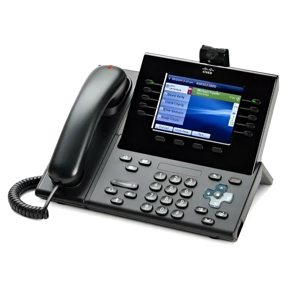 Cisco 9951 gigabit video IP phone with handset, camera, and color display on desk