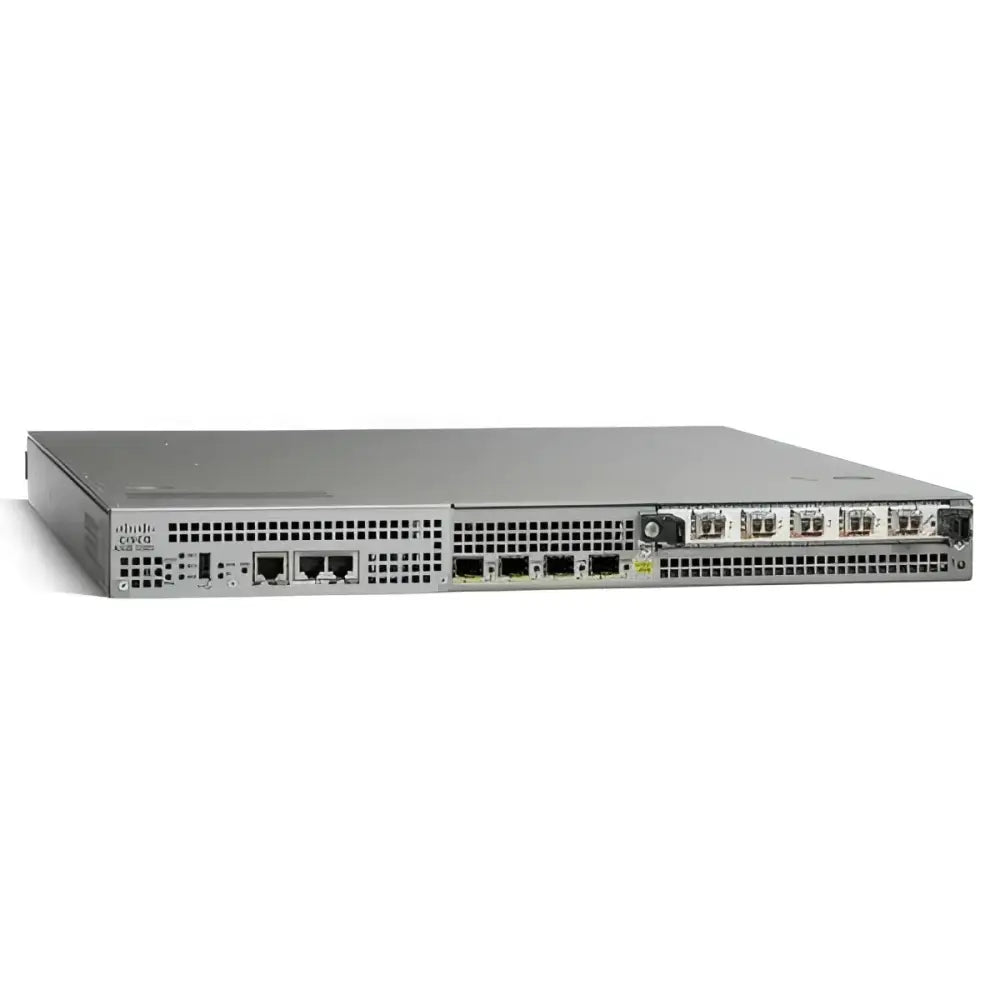 Front view of Cisco ASR1001 services router with multiple network ports and indicator lights