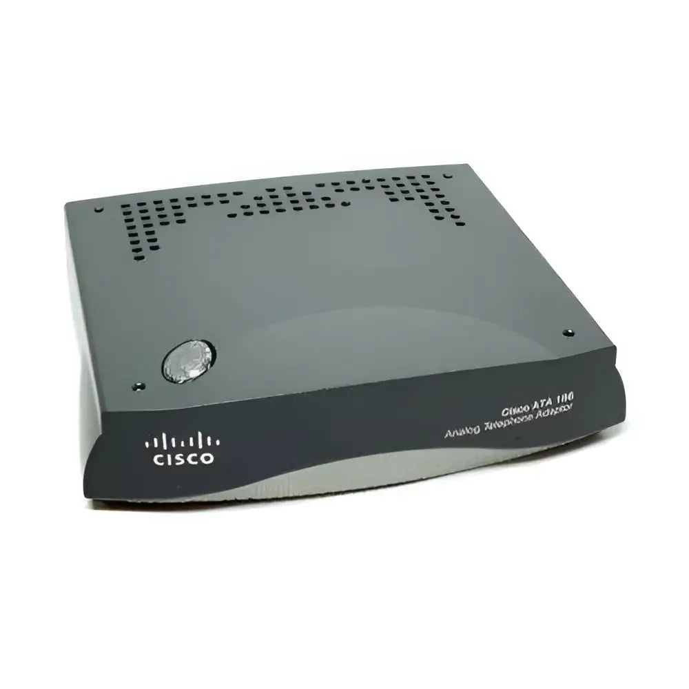 Cisco ATA 186 IP analog telephone adapter, dark grey device with ventilation holes and logo