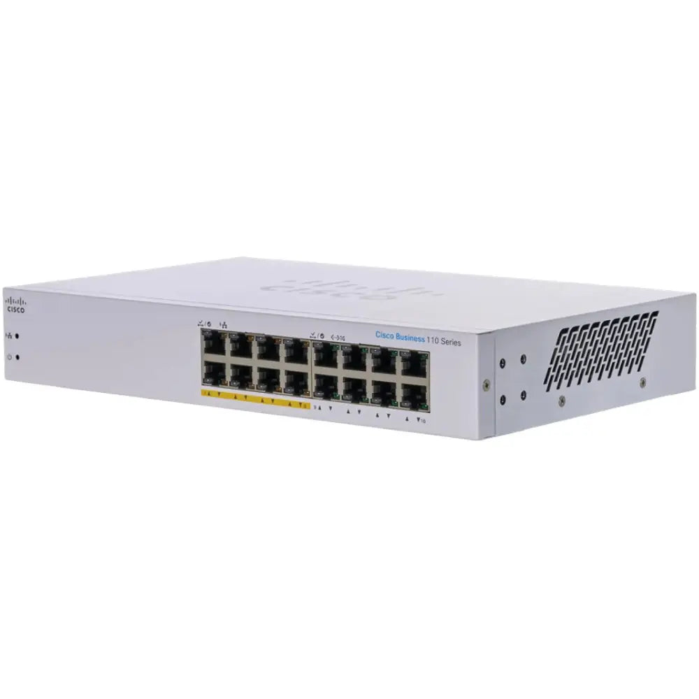 Cisco Business 110 Series 16-port PoE unmanaged network switch, front and side view