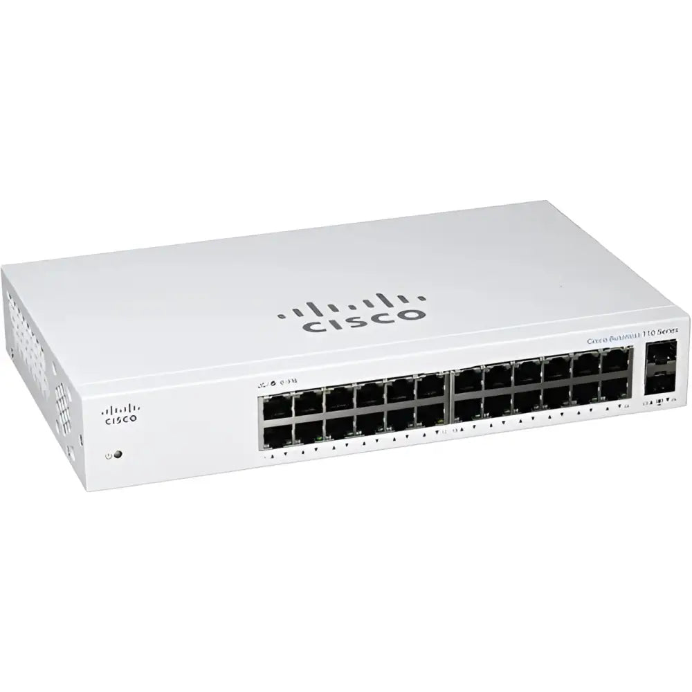 Cisco Business 110 Series 24-port unmanaged network switch, white, front angle view