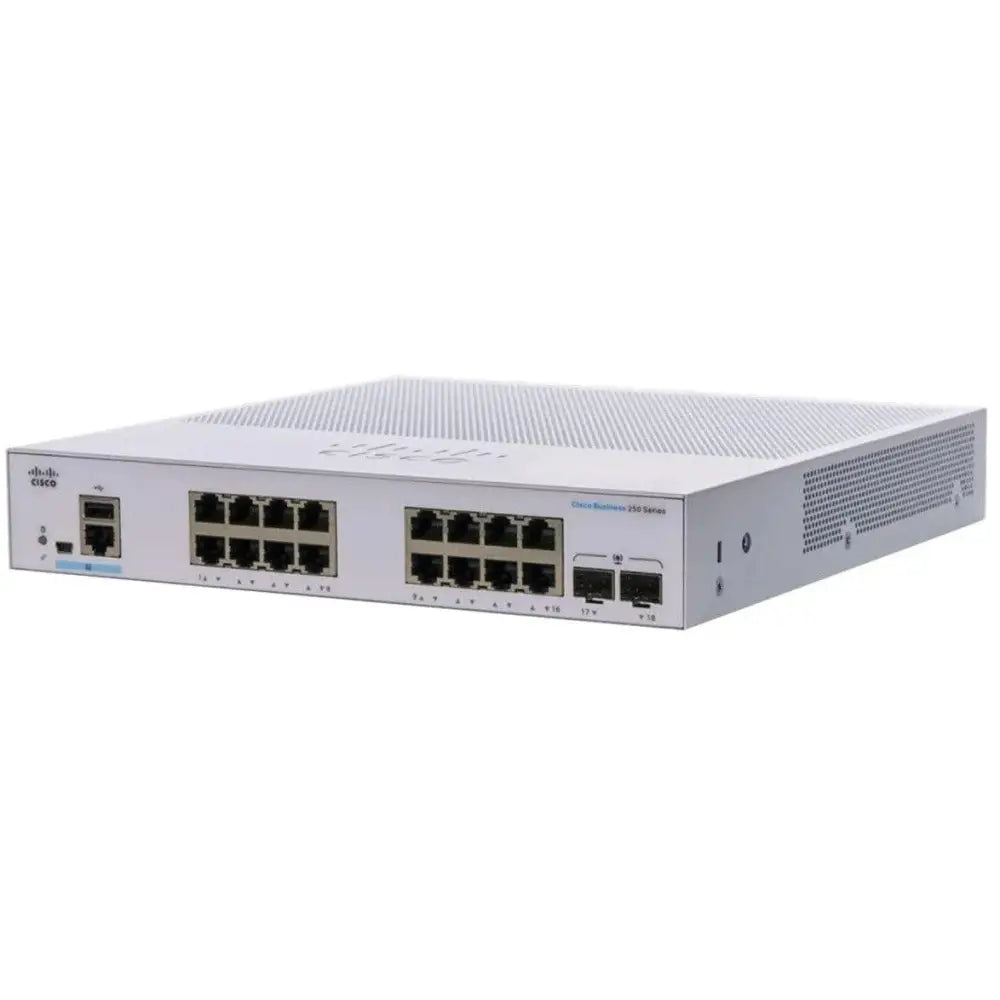 Cisco Business 250 Series 16-port smart switch with 2 Gigabit SFP, silver, front view