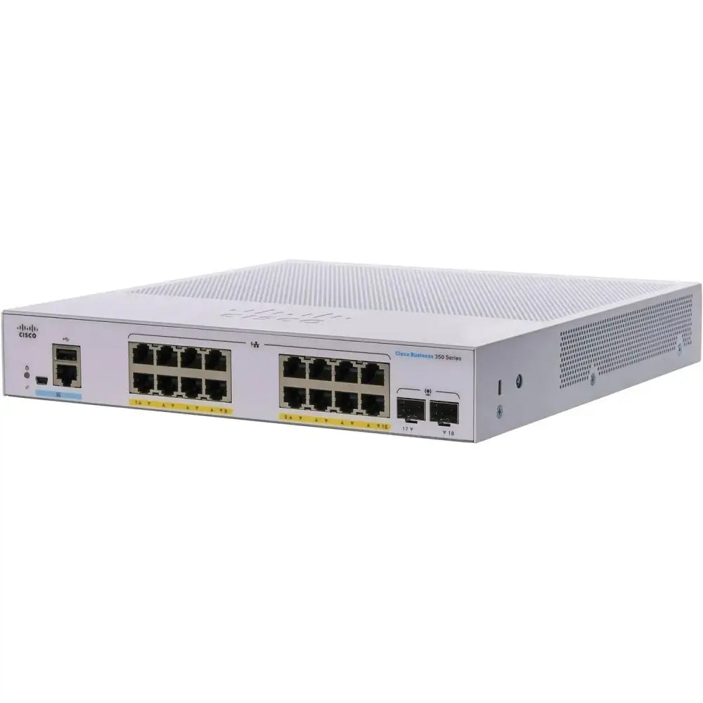 Cisco Business 350 Series 16-port PoE managed switch with 2 SFP ports, silver casing