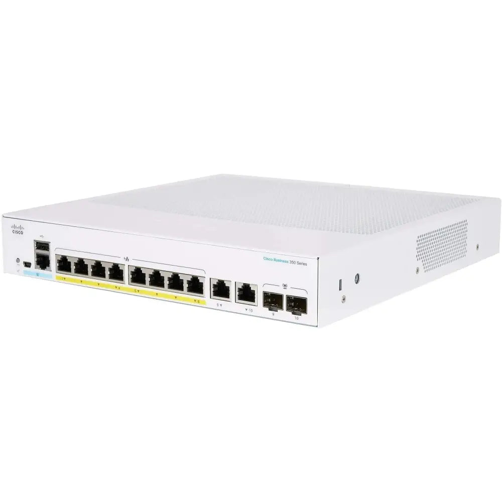Cisco Business 350 Series 8-port PoE managed switch with 2 gigabit SFP ports, white