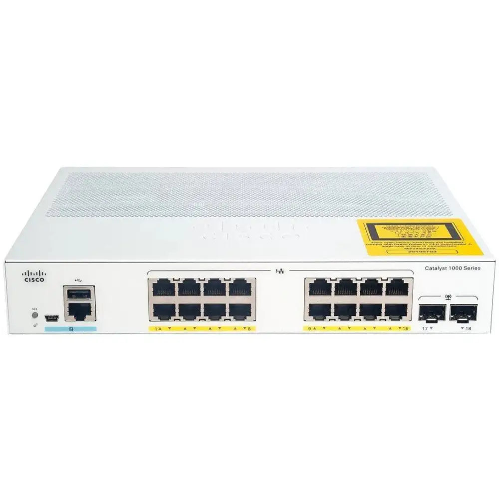 Cisco Catalyst 1000 switch with 16x PoE Ethernet ports and 2x SFP uplinks, front view