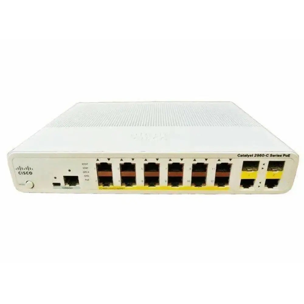 Cisco Catalyst 2960-C 12-port switch PoE front view, white network device with Ethernet ports