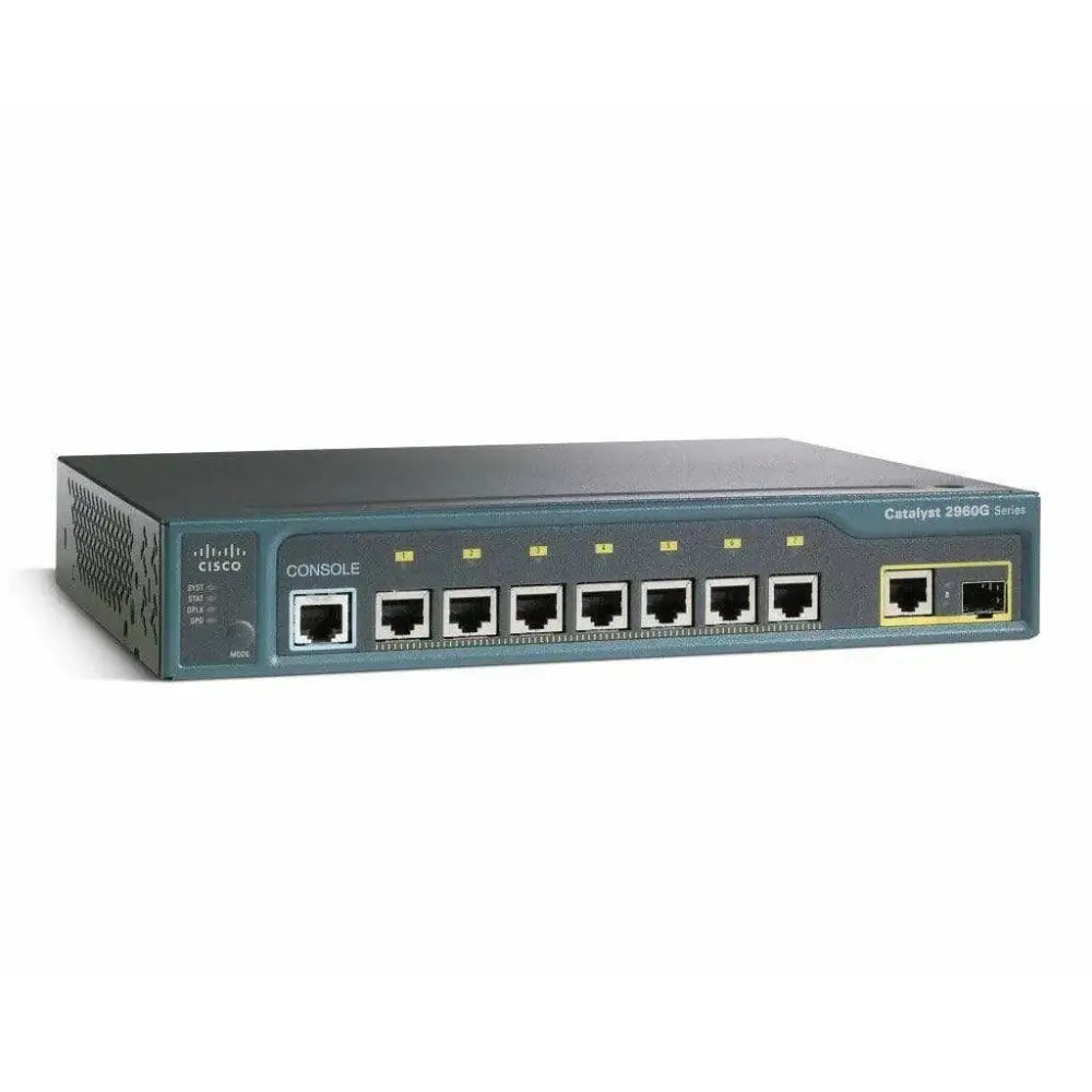 Cisco Catalyst 2960G 8-port gigabit Ethernet switch with SFP LAN ports on white background
