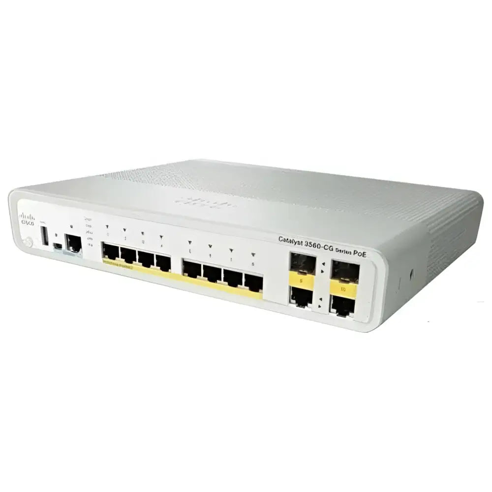 Cisco Catalyst 3560 8-port gigabit switch WS-C3560CG-8TC-S in white, front view
