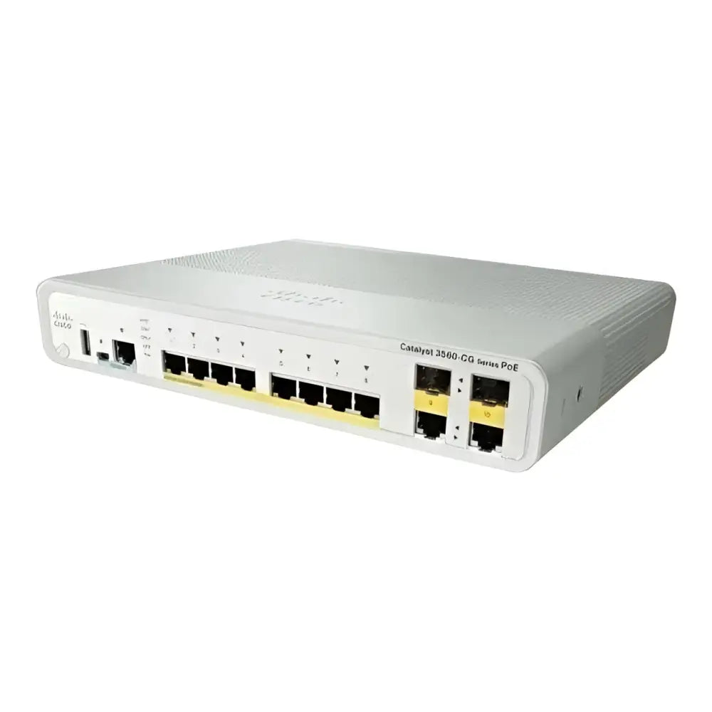 Cisco Catalyst 3560-CG 8-port PoE network switch, front view, white casing