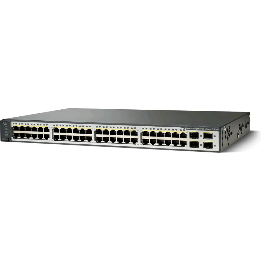 Cisco Catalyst 3750 V2 48-port PoE network switch front view with ports visible