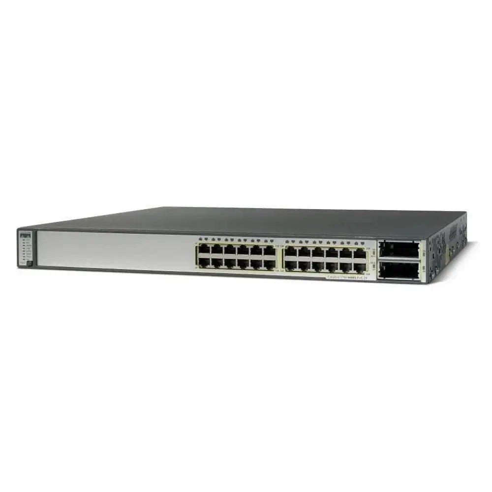 Cisco Catalyst 3750E 24-port Gigabit network switch front panel on white background